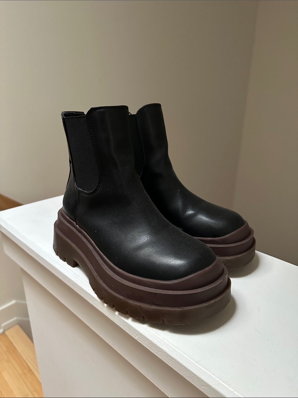 Urban Outfitters Black Chelsea Lug Platform Boots with Brown Sole